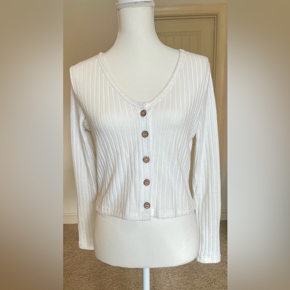Fitted Ribbed White Long-sleeve Cardigan Cropped